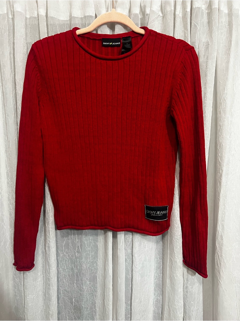 DKNY Red Ribbed Long Sleeve Crewneck Top